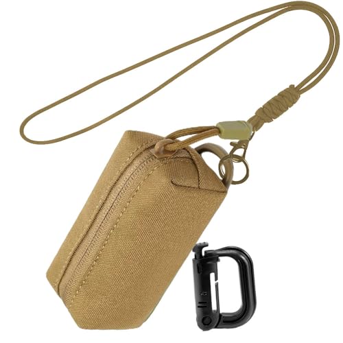 Tactical Key Pouch Belt Mini EDC Holder Utility Compact Backpack Accessories Bag Coin Purse Keychain Earphone Pockets Credit Card Case with Lanyard and Carabiner (Khaki)