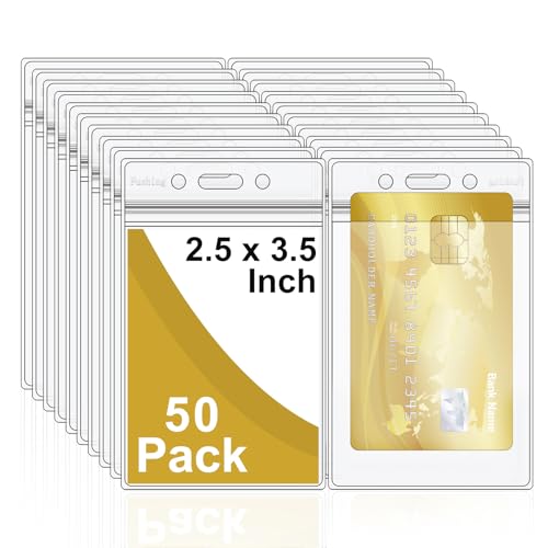 Fushing 50 Heavy Duty Double ID Card Badge Holder Clear Vertical PVC with Waterproof Type Resealable Zip, Plastic Name Tag Holder, Single Layer Thickness 0.4mm Thicker 60% Than Standard 0.25mm