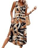 WIHOLL Summer Dresses for Women UK Ladies Sleeveless Dress Womens Button Front Beach Sundresses with Pockets Midi Length Dresses Size 10-12 Black Leaf