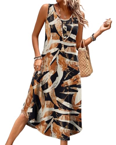 WIHOLL Black Leaf Sleeveless Midi Dress, Size 6-8