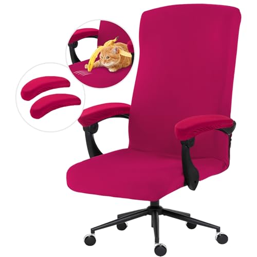 Image of Stretch Computer Office Chair Cover with Armrest Covers Durable Zipper Universal Washable Removable Spandex Rotating Boss Chair Slipcovers Anti-dust Soft Desk Chair Seat Protector, Hot Pink