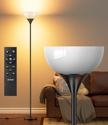 luckystyle Torchiere Floor Lamp,1200LM Dimmable Standing Lamps with Remote and Foot Switch,Custom Color Temperature Super Bright Tall Lamp for Living Room Bedroom Office,Floor Light with 12W LED Bulb