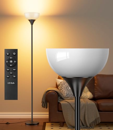 luckystyle Torchiere Floor Lamp,1200LM Dimmable Standing Lamps with Remote and Foot Switch,Custom Color Temperature Super Bright Tall Lamp for Living Room Bedroom Office,Floor Light with 12W LED Bulb