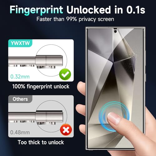 Image of YWXTW EZ Unlock for Samsung Galaxy S24 Ultra Privacy Screen Protector, [0.1S Ultrasonic Fingerprint Support] [Not Glass] 25 Anti Spy Private S24 Ultra Screen Protector Case Friendly, 2 Pack
