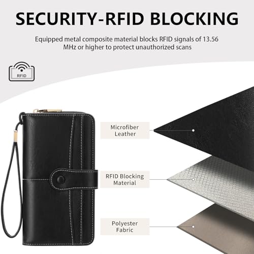 Image of Wristlet Women's Wallet Phone Purse RFID Blocking Large Capacity Card Holder Leather Black