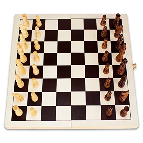 Wooden Chess Set - Classic Strategy Game Folding Board - Staunton Style Pawns (Brown/Tan) - Natural Wood Pieces - 14