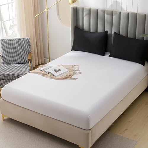 JUWENIN,Fitted Sheet Microfiber, Brushed Finish, Wrinkle, Fade, Stain Resistant, One Fitted Bed Sheet (Queen, White)