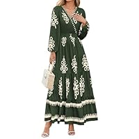 PRETTYGARDEN Women's 2025 Fall Wedding Guest Dresses Boho Floral Long Sleeve V Neck Flowy Elegant Maxi Dress Beach Clothes (Floral Army Green Apricot,Large)