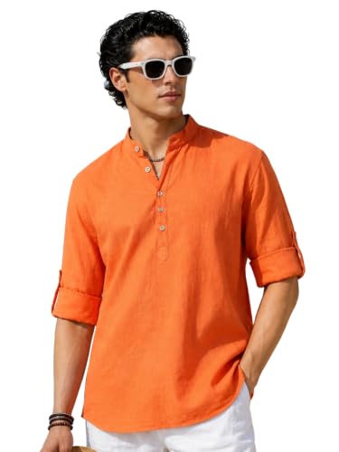 Image of Majestic Man Men's Pure Cotton Solid Mandarin Collar Slim Fit Roll-Up Sleeves Short Kurta Lightweight Summer Kurta for Daily & Occasion Use