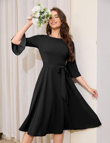 Image of HomRain Women's Church Dresses Modest Bell Sleeve Wedding Guest Cocktail Tea Party Vintage Evening Dress