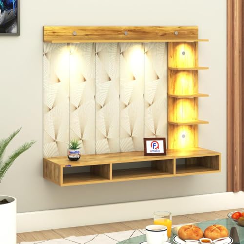 Image of Anikaa Tyron Engineered Wood Wall-Mount TV Unit with PVC Back Panel & LED Lights | TV Cabinet with Storage Box & Decorative Shelves (Gaintwood) | Ideal for TVs up to 55 Inch | DIY Installation