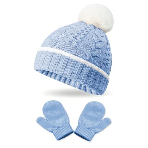2 Pack Kids Winter Warm Beanie & Mittens Set, Soft Cable Knit Hat for Children's Toddler Baby, Cozy Cap & Gloves Medium Blue
