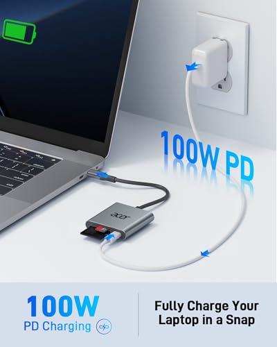 Acer SD 4.0 Card Reader, UHS-II Micro SD Reader USB C, Dual Slot Type C Memory Card Adapter with 100W PD Port for MicroSD SDXC SDHC UHS-II & UHS-I for iPhone 15/16, Laptop, MacBook(Grey)