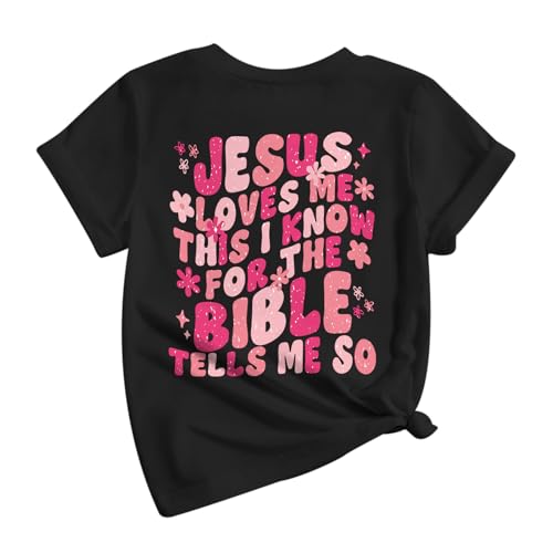 Image of Girl's Christian Graphic Tees Jesus Loves Me Shirts for Kids Cute Faith Floral Tshirt Religious Bible Verse Tops