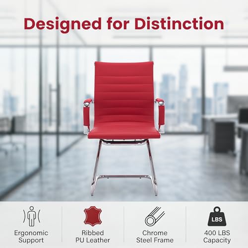Image of HNY Leather Office Guest & Reception Chairs Set of 2, Modern Waiting Room Chairs with Arms, Desk Chair no Wheels with Sled Base for Conference Room, Burgundy