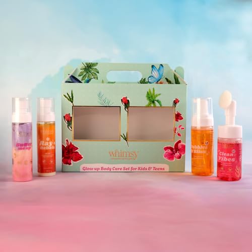 Image of Whimsy Beauty Glow Up Body Care Set (Pack of 4) | Foaming Body Wash, Face Wash, Moisturizer & SPF 50 Sunscreen Spray | Gentle Skincare with Aloe Vera, Shea Butter & Vitamin E | 4 to 16 Years | Organic, Natural Formula | Sulfate & Paraben Free | Dermatologist Tested
