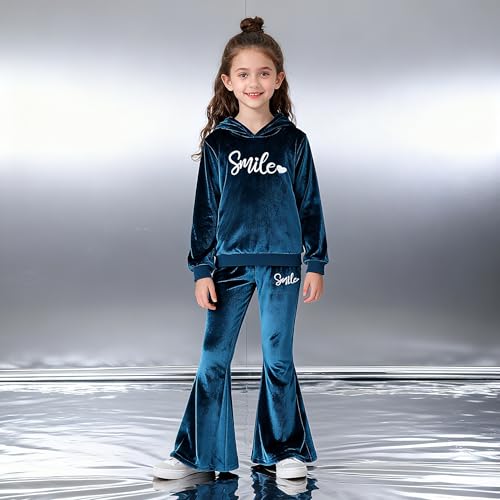 Image of 6-13 Years Girls Clothing Heart Print Hoodie Top + Heart Print Flare Leg Pants 2PC Clothing Set