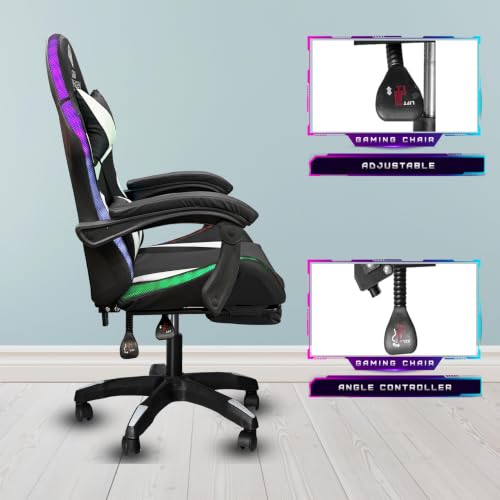 Image of Casa Copenhagen Designed in Denmark,High-Back Italian Leather Gaming Ergonomic Chair with Advanced Mechanism with LED Light & Electric Back Massager, Memory Foam Seating - White & Black