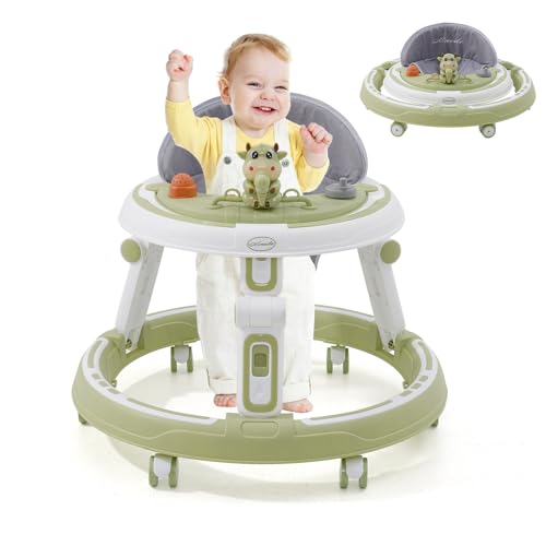 4-in-1 Baby Walker - Bounce,Ride,Push,Dining Chair,Adjustable Height Activity Baby Walker with Music Play Center,Old-School Foldable Round Toddler Walker for Girls Boys 6-18 Months(Green)
