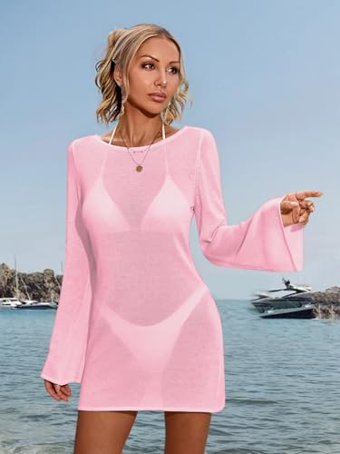 Womens Crochet Sheer Knit Swimsuit Coverup Beach Dress Summer 2025 Sexy Backless Boat Neck Bathing Suit Cover Up4