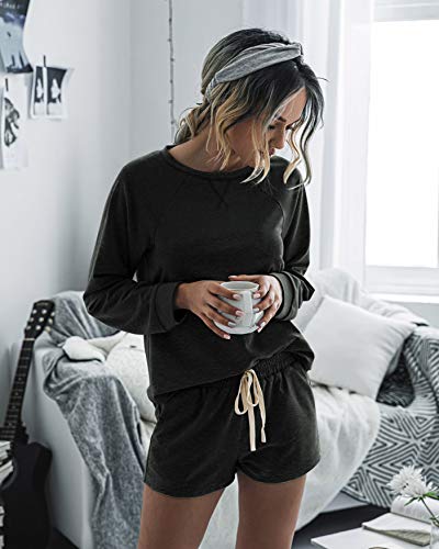Prettygarden Women’s Tie Dye Printed Pajamas Set Long Sleeve Tops With Shorts Lounge Set Casual Two-Piece Sleepwear Solid-Black #TOP2