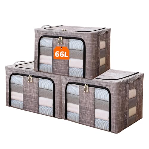Ccarzzi 3 Pack Clothes Storage Boxes 66L Foldable Storage Boxes with Lid Fabric Steel Frame Box with Double Opening Zips and Clear Windows for Storing Bedding Blankets Toys