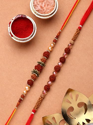 Image of Sukkhi Rakhi Trendy Floral Design Gold Plated AD Stones & Pearls Combo Rakhi for Brother with Roli Chawal & Greeting Card| Set of 2