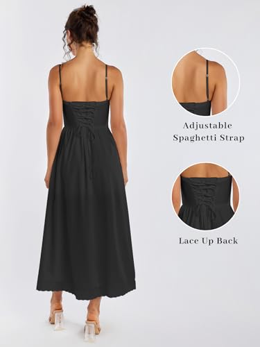 Image of Summer Lace Midi Dress Spaghetti Strap Flowy A Line Slit Swing Dresses Sundresses for Women 2024 Casual Beach Vacation