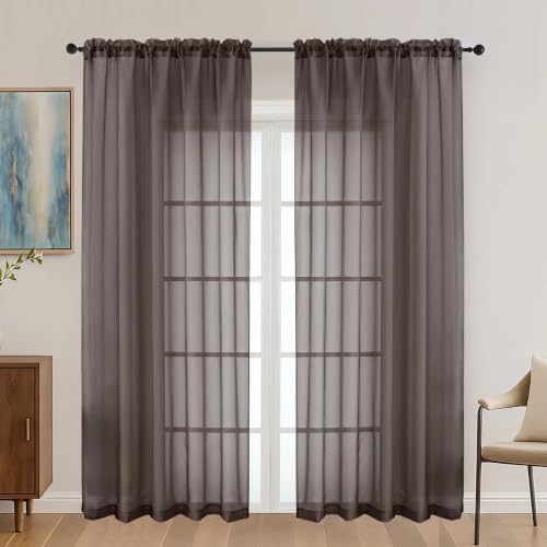 Image of Chocolate Sheer Curtains 72 Inches Long 2 Panels Set, Light Filtering Sheer Curtains for Living Room Bedroom 59 Inch Extra Wide, Modern Voile Filmy Rod Pocket Window Drapes, 59Wx72L Inches