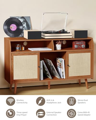 Image of Vinyl Record Player with Two External Speakers Belt-Drive Turntables for Vinyls Records Dual Stereo Speakers LP Players 3 Speed Full Size Wireless AUX-in Headphone Auto Stop Wood White