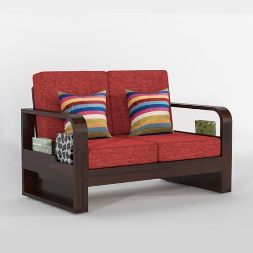 Image of Solid Sheesham Wooden 2 Seater Sofa for Living Room | Sofa with Side Pocket Storage & Cushion | Rosewood Sofa Set for Home (Walnut with Red Cushion, 2 Seater)