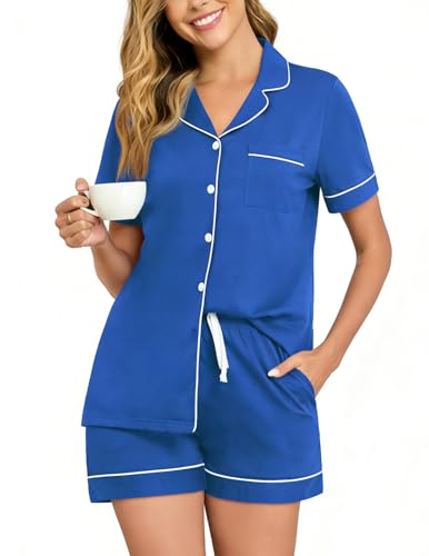 Image of Veseacky 100% Cotton Pajamas for Women Set Short Sleeve Button Down Sleepwear Soft 2 Piece Summer Pjs Lounge Sets S-XXL