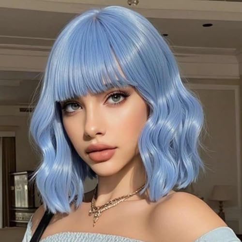 Blue Wig with Bangs Soft Short Bob Wigs for Women Synthetic Shoulder Length Women's Wigs for Costumes Cosplay HalloweenDaily (Ice Blue)