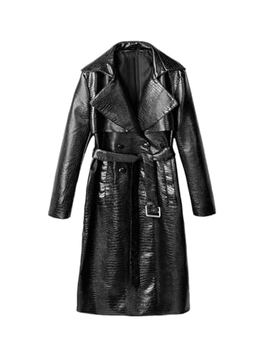 Black Shiny Leather Belt Long Overcoats Crocodile Printed PU