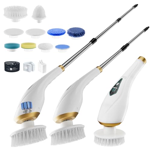 Hofenta Electric Spin Scrubber Cordless Shower Cleaning Brush with 10 Replaceable Brush Heads, Extendable Handle Up to 59', 2 Speed, Waterproof, 2H Cleaning Time for Bathroom Shower Tile Glass Car