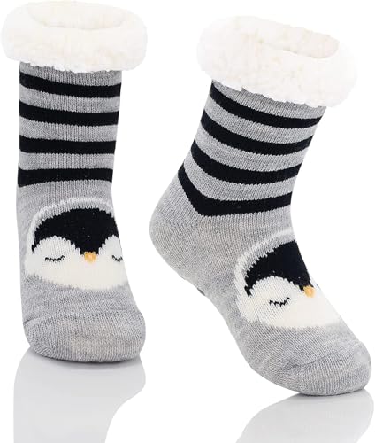 Zando Kids Girls Boys Slipper Socks Christmas Warm Fleece Fuzzy Socks Non-Skid Children Animal Thick Grip Fluffy Socks Black Penguin 2XL
