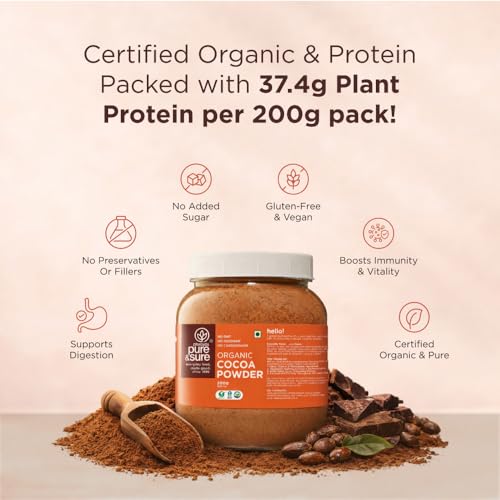 Image of Pure & Sure Organic Cocoa Powder 200G | 100% Pure & Natural with 18.7g Protein| Unsweetened & Dark Flavor | Ideal for Cake, Baking, Hot Chocolate, Milkshake & More
