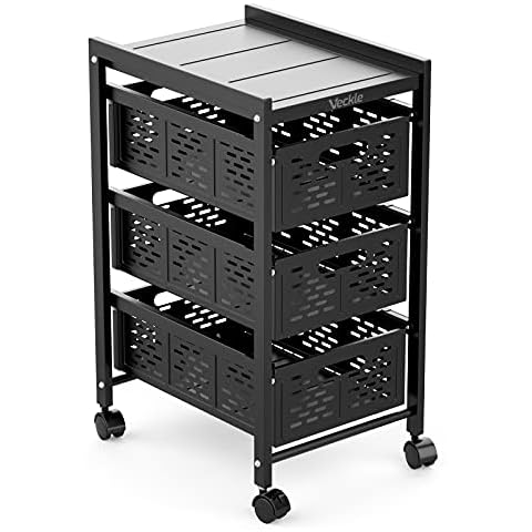 Veckle Storage Racks, 4 Tier Stackable Drawer organizers Utility Cart Rack, Metal Storage Organizer Bin for Kitchen, Pantry Closet, Bedroom, Bathroom, Garage, Black Cover