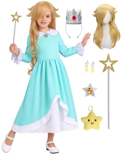 Girls Princess Rosalina Costume Dress with Accessories Blue Princess Dress with Wig Wand Crown Earrings and Star Earrings AJ081M