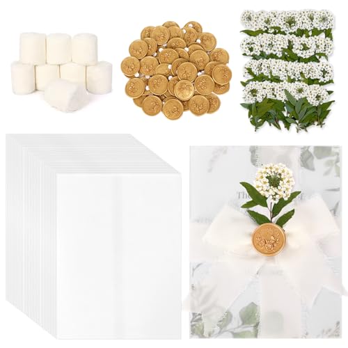 Beejooz 50 Sets Wedding Invitation Envelopes Kit,Pre-Folded Vellum Jackets for 5×7 Invitations Self Adhesive Gold Wax Seal Stickers,Ribbon and White Dried Flowers,Perfect for handmade DIY Wedding Invitations