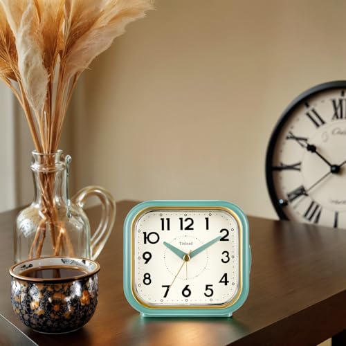 Image of Tinload 4.3 inch Vintage Retro Analog Alarm Clock, Super Silent Non Ticking Clock with Manual Light, Snooze, Battery Operated, Simply Design, for Living Room, Bedroom, Bedside, Desk(Green-V2)
