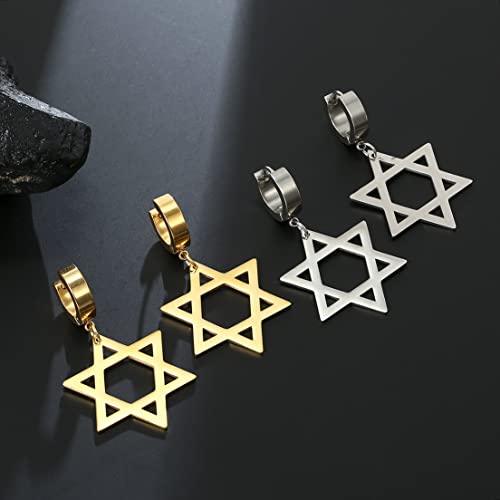Star Of David Dangle Earrings For Men Women Stainless Steel Individual Punk Style Hexagram Clip On Hoop Earrings Religious/Israeli Jewelry (Gold) #TOP2