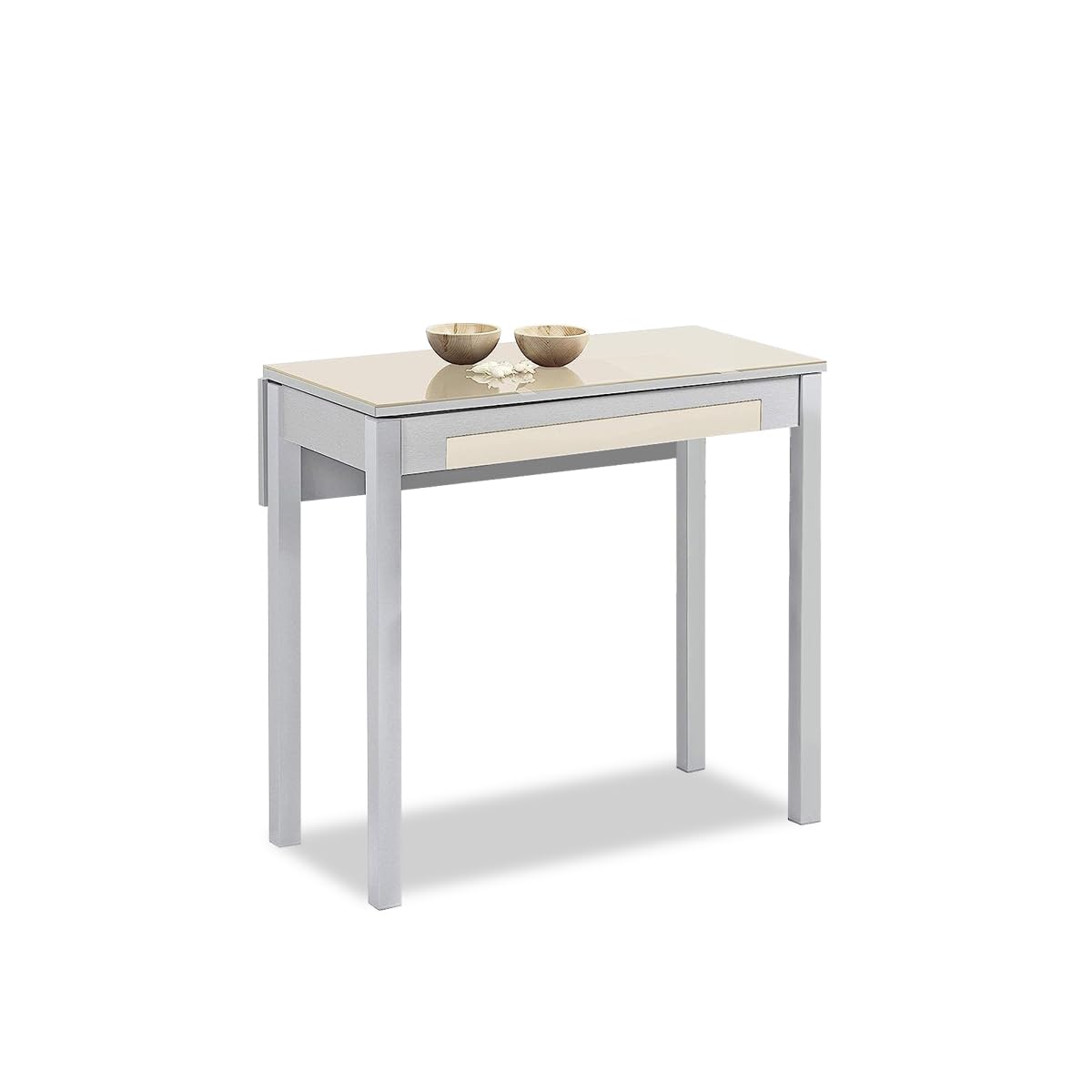 Mesa de Cocina Extensible 1 ala caída - 80x40 cm (80x60 cm) - Estructura y ala caída Color Aluminio - Tapa Cristal Color Beige