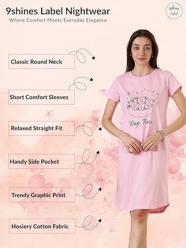 Image of 9shines Label Hosiery Cotton Knee Length Short Night Dress | Short Nighty for Women with Pocket | Graphic Print Nightwear | Night Gown for Women (M-7XL)