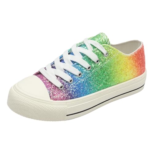 Rainbow Glitter Canvas Sneakers, Low Top Fashion Casual Shoes, White Laces
