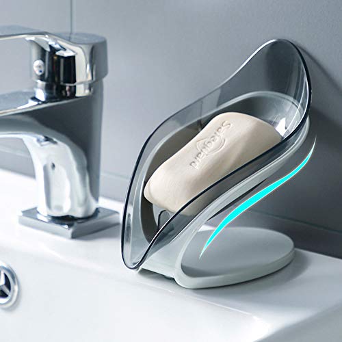 LeChamp Porte-savon en forme de feuille pour salle de bain, douche, boîte à savon auto-drainante avec ventouse pour douche, étui à savon en plastique durable, gris transparent (non perforé) Cover