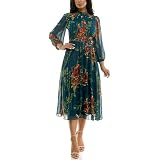 Gabby Skye Women's Long Sleeve Mock Neck Floral Print Shadow Stripe Chiffon Maxi Dress, TealPeachTurQ