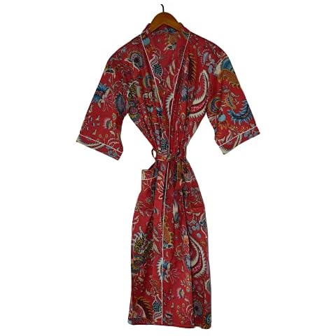Rajbhoomi 100% Cotton Dressing Gowns for Women & Men,100% Indian Cotton,Lightweight Summer Kimono Bathrobes, Organically Grown, Ethically Made. Fits UK 10-18 (Red Mukut), Green Cover