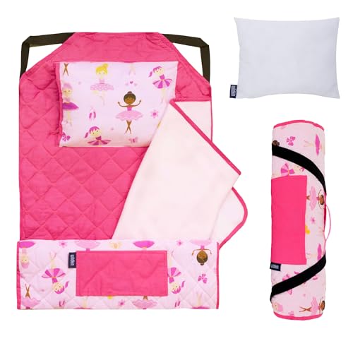 Image of Wildkin Modern Kids Nap Mat with Pillow for Girls - Soft & Cozy Cotton Blend, Elastic Straps, Toddler Sleep Mat for Daycare, Preschool, Kindergarten & Travel, Ages 3-7, Machine Washable - Ballerina