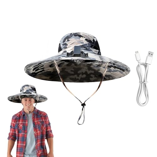 Sombrero de pesca de ala ancha, sombrero de pesca de verano con ventilador, ventilador solar de ala ancha, sombrero de sol para exteriores, carga solar y USB, sombrero de pesca al aire libre con